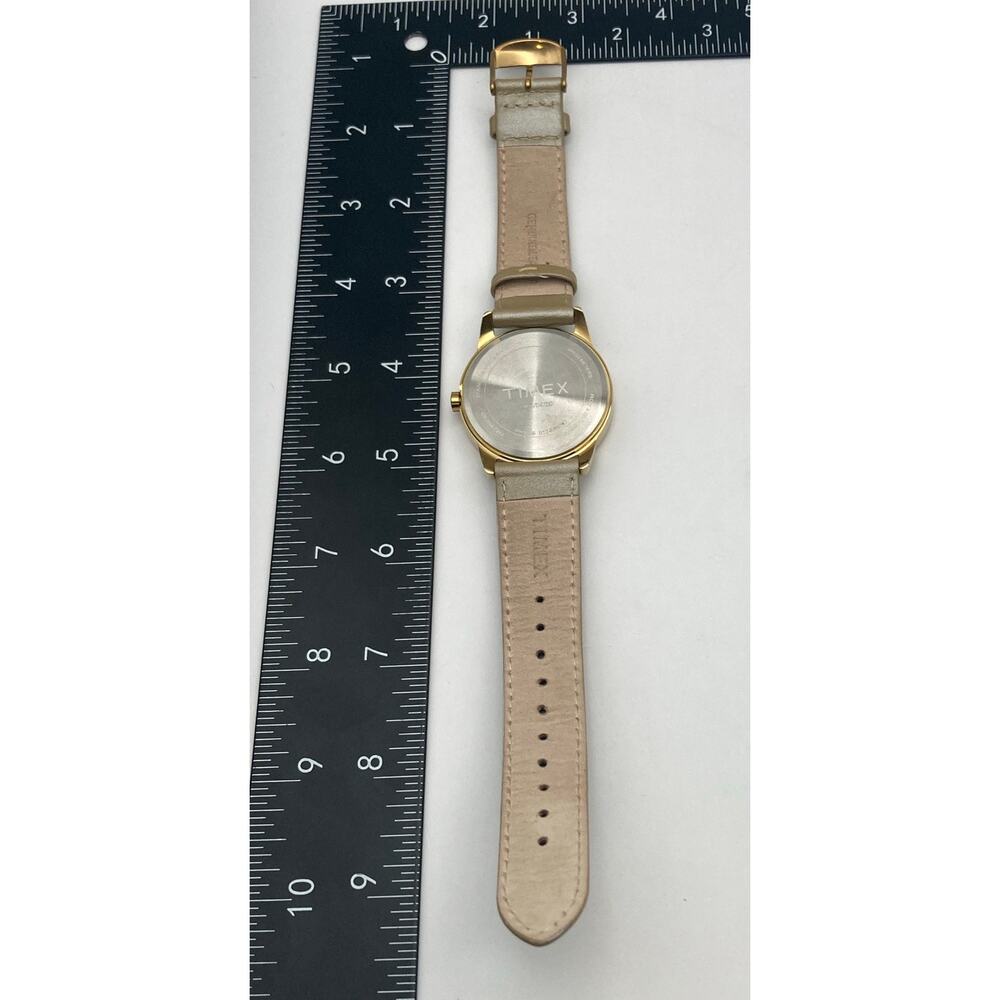 Timex Gold Case White Dial Beige Leather Strap Watch - Picture 12 of 13